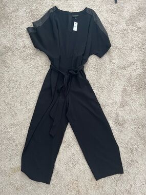 Lane Bryant Black Short-Sleeve Wide-Leg Jumpsuit with Studded Shoulders